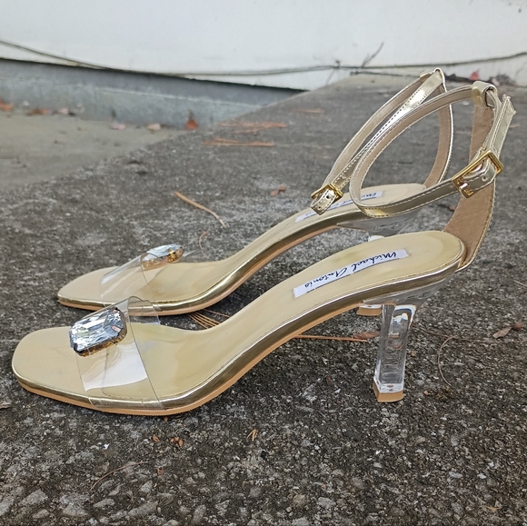 Clear And Gold Tone Ankle Strap Kitten Heel Sandals - Picture 1 of 5